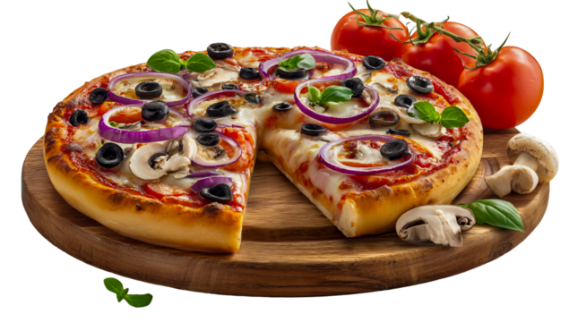 Deliciously topped vegetarian pizza with fresh mushrooms and red peppers on a wooden board