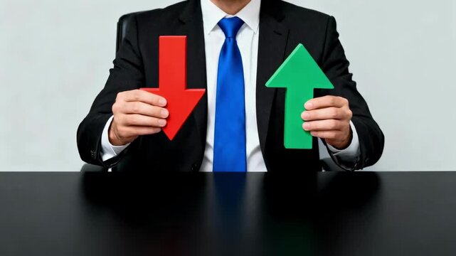 A businessman in a suit sits at a desk holding a green up arrow and a red down arrow, symbolizing financial choice, market volatility, and corporate business strategy for growth