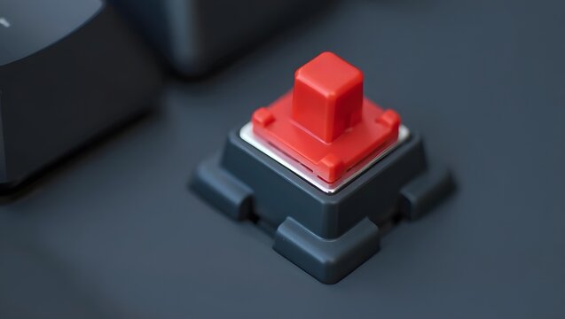 Closeup of red mechanical keyboard keycap on dark surface