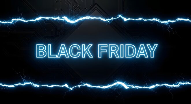 Black friday neon text with electric blue lightning on a dark, textured background, representing sales and discounts