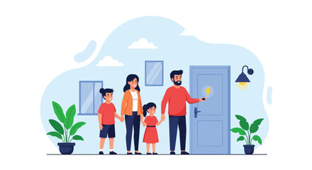 Adobe illustrator artwork vector illustration: Happy family installing an energy-efficient light bulb, promoting sustainability, home improvement, and responsible living