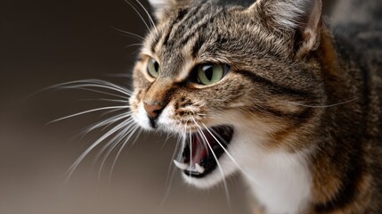 Obraz premium Aggressive Tabby Cat with Open Mouth and Intense Green Eyes