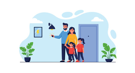 Adobe illustrator artwork vector illustration: Happy family installing an energy-efficient light bulb, promoting sustainability, home improvement, and responsible living