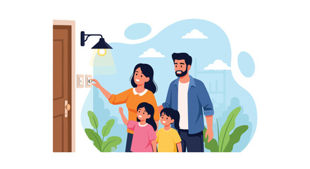 Adobe illustrator artwork vector illustration: Happy family installing an energy-efficient light bulb, promoting sustainability, home improvement, and responsible living