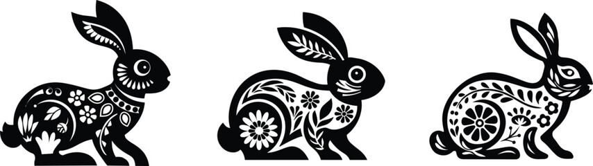Decorative Floral Rabbits Vector – Folk Art Style Silhouette Illustration