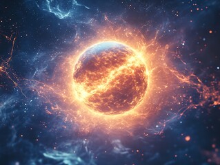 Obraz premium Celestial sphere with energetic aura amidst swirling cosmic nebula backdrop