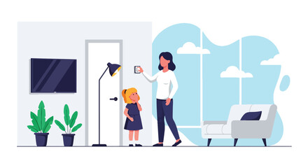 Adobe illustrator artwork vector illustration: Mother and child turning off lights at home, promoting energy conservation, family values, and environmental awareness