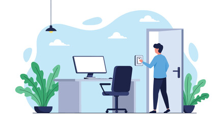 Adobe illustrator artwork vector illustration: Man turning off a light switch in a modern home office, emphasizing energy saving, remote work, and smart living concepts