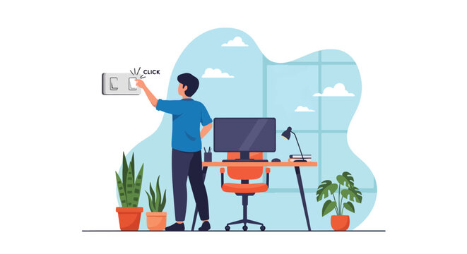 Adobe illustrator artwork vector illustration: Man turning off a light switch in a modern home office, emphasizing energy saving, remote work, and smart living concepts