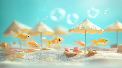 Miniature underwater beach scene with gold fish