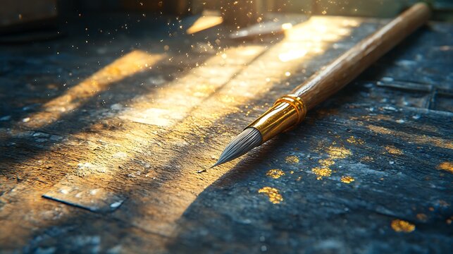 Painter's Brush Resting on Splattered Workspace under Glimmering light