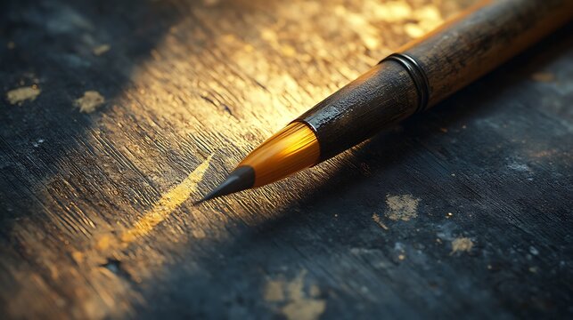 Close-up of a drawing pencil on a dark wooden surface with golden light accents - Powered by Adobe