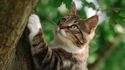 Playful Cat Climbing Tree in Sunlit Green Environment