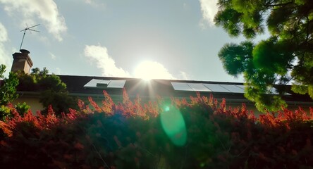 Low-angle shot of a house with a solar panel roof surrounded by vibrant red flowers and lush greenery under a sunny blue sky.