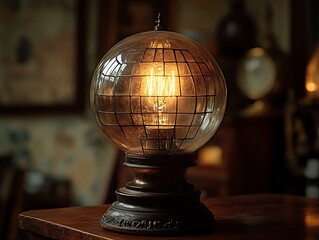 Vintage globe lamp with glowing filament bulb sits on wooden table