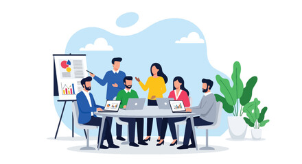 Adobe illustrator artwork vector illustration: Business team analyzing data and charts in a modern office, perfect for corporate presentations and financial reports.