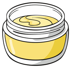 Open glass jar of yellow cosmetic cream or balm cartoon illustration