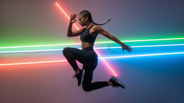 Athletic woman jumping during a fitness workout. Dynamic action shot with colorful neon lights. High-intensity training and energy concept