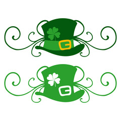 Logo con sombrero de leprechaun con trébol de cuatro hojas con filigrana caligráfica. Silueta con florituras para tarjetas y felicitaciones de San Patricio 