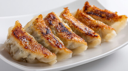 白いお皿に斜めに並べられたカリッと焼き上げた餃子