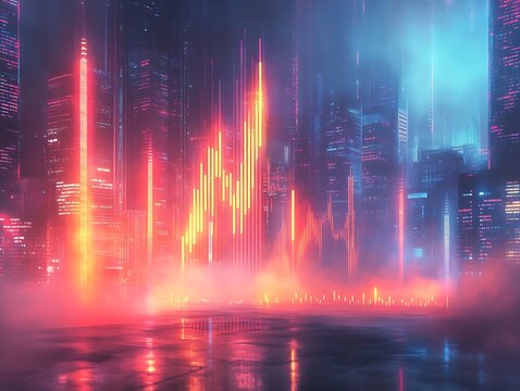 Cityscape financial data display with rising graph in vibrant neon colors