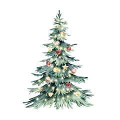 A Christmas tree decorated with red and gold balls and lights. Hand-drawn watercolor illustration isolated on a white background. Design element for holiday cards, labels, and gifts.