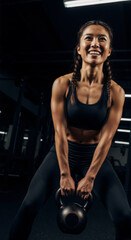 Fototapeta premium Fit Asian woman smiling during a kettlebell workout in a dark gym. Vertical photo of a strong female athlete performing strength training exercises. Health and wellness lifestyle concept