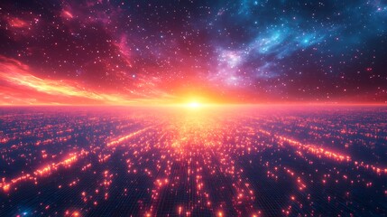 Celestial Illumination: Cosmic Cityscape Under Radiant Sky Display of Light