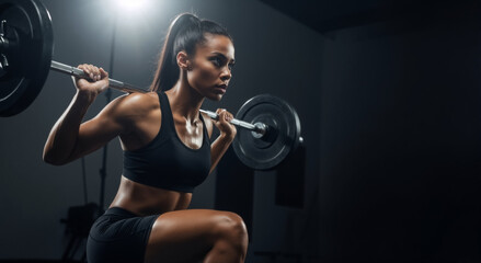 Determined athletic woman doing barbell squats in a dark gym. Strong female athlete during an intense strength training workout. Fitness and bodybuilding concept with copy space