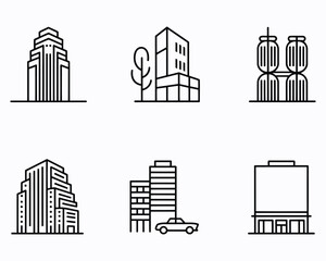 Obraz premium Collection of Modern Urban Architecture Representations Minimalist Black and White Line Art Depicting Skyscrapers Buildings Trees and Car for Architectural Design