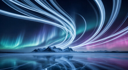 Breathtaking aurora borealis over frozen lake and snow capped mountains displaying a dynamic light show in a serene setting