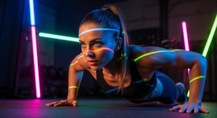 Fit woman doing a push-up in a dark gym with colorful neon lights. Intense strength training and bodyweight exercise. Modern fitness workout concept.