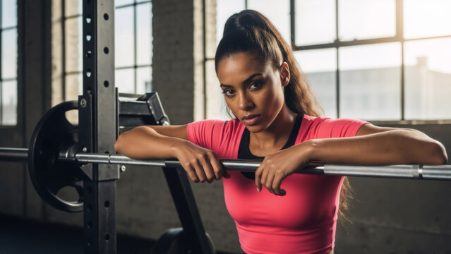 Strong athletic woman taking a break from a workout at the gym. Determined female leaning on a barbell after strength training. Fitness and motivation concept. - Powered by Adobe