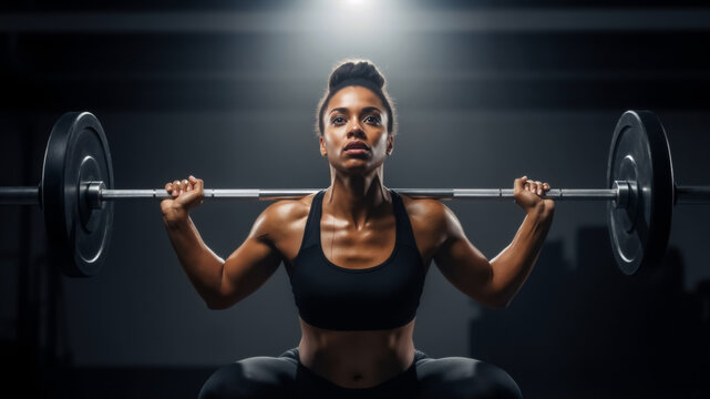 Determined athletic woman lifting a heavy barbell during a squat workout. Powerful female bodybuilder training in a gym. Strength and fitness concept