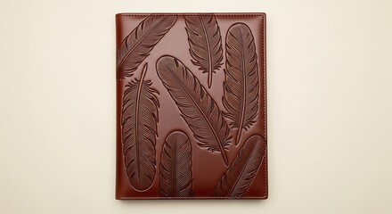 Brown leather notebook cover featuring embossed feather designs on a cream colored background surface