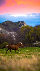 Obraz premium Brown horse gallops across sunlit meadow by hills!