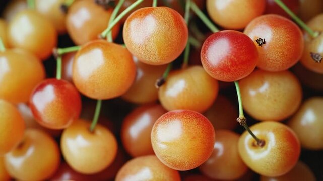 A close-up view of a handful of ripe cherries, suitable for use in food-related contexts such as cookbooks or marketing materials
