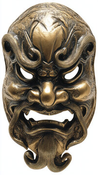 Hyper-realistic animation traditional Chinese Nuo mask in bronze finish isolated on clean white background