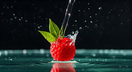 Close-up of a fresh raspberry with green leaves being dropped into water with a splash, against a dark background with a cool, refreshing mood.