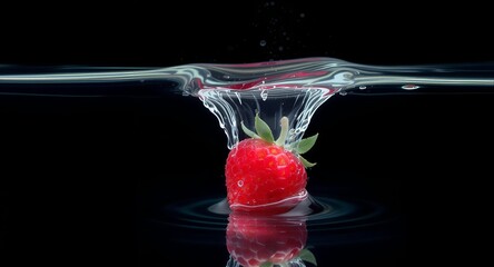 A ripe red strawberry splashing into clear water, creating a dynamic ripple effect against a dark background with a cinematic lighting technique.