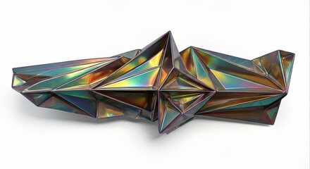 Iridescent metallic origami star on white background with holographic effect