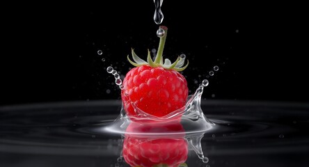A ripe red raspberry with water droplets falling on it, creating ripples in the water against a dark background with a splash of water.