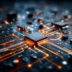 futuristic micro circuit board, glowing neon lines, electronic components, metal texture, data flowing through pathways, abstract technology, sharp focus on chip components 