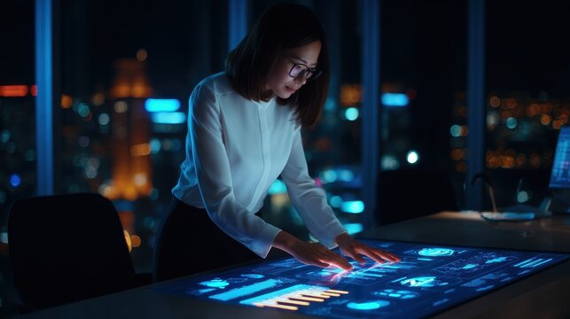 Professional woman interacting with a futuristic touchscreen in a high-rise office at night, city skyline visible