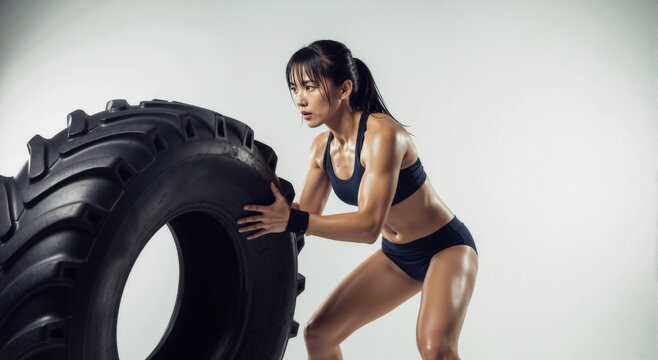 Athletic woman flipping a large tire during a strength training workout. Determined Asian female athlete exercising in a studio. Fitness and power concept - Powered by Adobe
