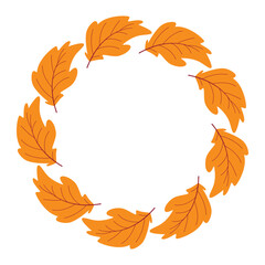 Falling leaves in circle. Autumn natural foliage wreath. Atmospheric, cozy autumn mood border, graphic element on white background