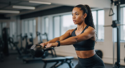Fototapeta premium Athletic woman doing a kettlebell swing exercise in the gym. Fit female athlete focused on strength training workout. Healthy and active lifestyle concept
