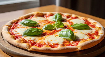 Perfectly Baked Traditional Margherita Pizza with Fresh Mozzarella and Basil
A close-up, appetizing shot of a traditional Neapolitan Margherita pizza. It features vibrant red tomato sauce
