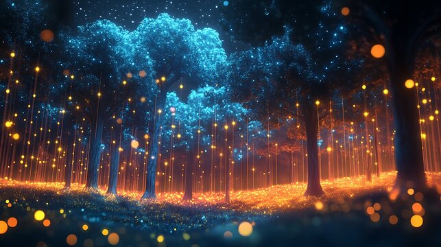 Enchanted forest bathed in celestial light and shimmering orbs of ethereal fire