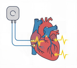 Scientific illustration of a cardiac pacemaker implanted near the heart, showing the device sending electrical signals to regulate the heartbeat and treat arrhythmia.